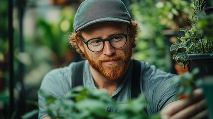 Jardinier roux souriant travaillant dans le jardin