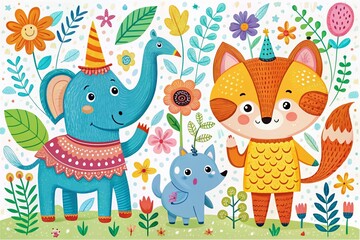Fototapeta premium Scandinavian Animal Alphabet for Kids: Cute Elephant, Fox, Bear, Unicorn in Hand-Drawn Style