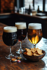 different beers served in glasses with foamy heads