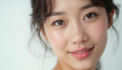 Naklejka premium A captivating close-up portrait of an Asian woman showcases her radiant beauty and confidence.