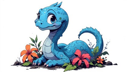 Fototapeta premium Blue Cartoon Snake with Flowers in a Nature Scene