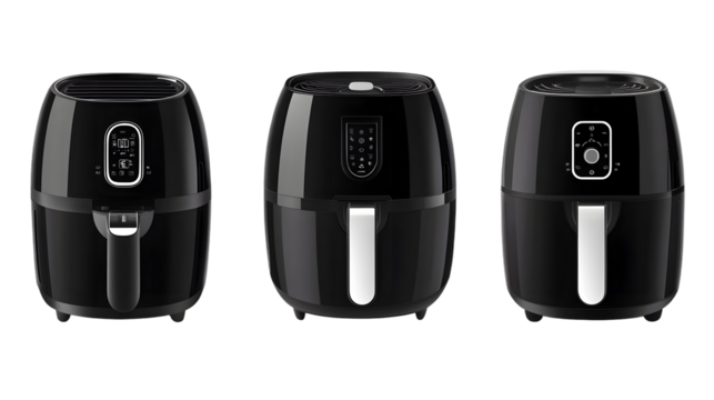 Collection set of black air fryers isolated on transparent or white background