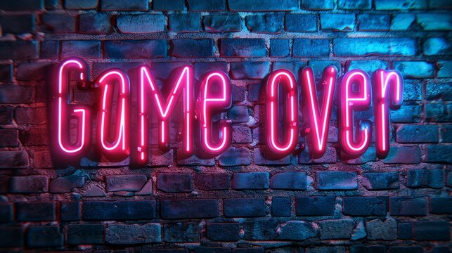 Neon game over sign on brick wall background. Game over neon text with a brick wall background. Design template modern trend. Night neon signboard, night bright advertising light banner light art.