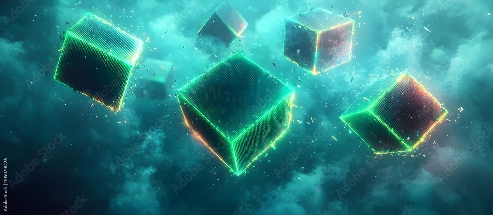 Poster floating futuristic cubes emit a glowing neon light, surrounded by ethereal clouds, creating a surre