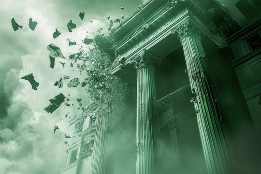Fototapeta Crumbling financial institution with broken pillars and shattered windows, symbolizing the collapse of once-mighty institutions during a severe stock market downturn