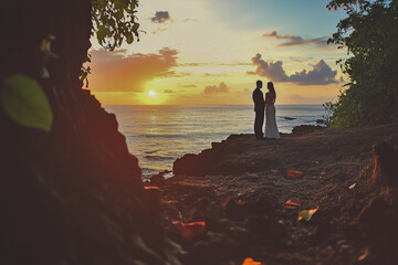 Fototapeta premium Destination wedding invitation card featuring stunning photographs of the scenic wedding location and travel details for guests, inviting them to join the celebration