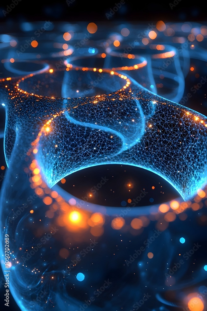 Poster an abstract, futuristic representation of interconnected glowing nodes, featuring blue and orange hu