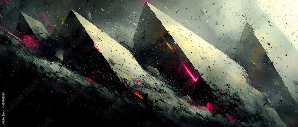 Poster an abstract digital landscape showcasing sharp, geometric pyramids surrounded by swirling clouds of 