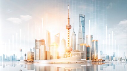 Obraz premium Modern cityscape skyline with futuristic digital grid overlay.
