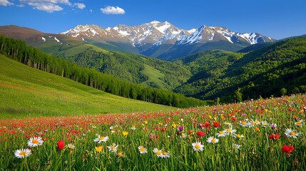 A vibrant meadow filled with colorful flowers, set against a backdrop of majestic mountains and clear blue skies.