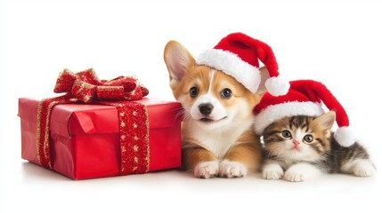Corgi and Kitten in Holiday Gift Wrapping