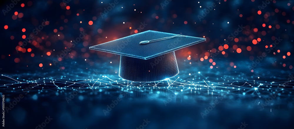 Poster abstract digital art of an open graduation cap made from glowing lines and dots, floating above a ne