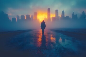 Silhouette walking towards foggy city skyline at sunset