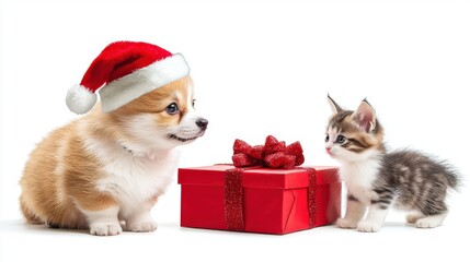Corgi and Kitten with Christmas Bows