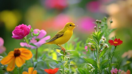 Obraz premium Yellow Warbler Flitting Among Flowers in Garden