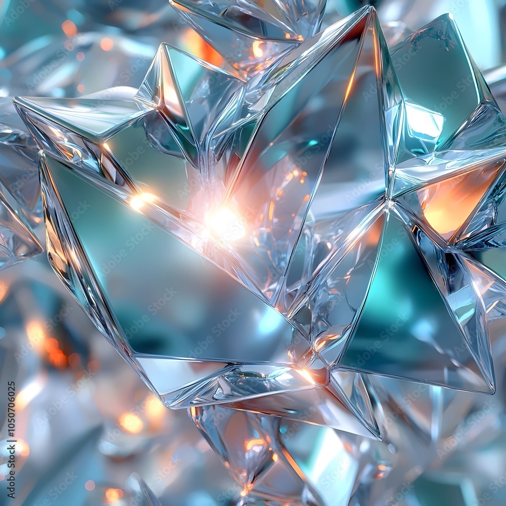 Poster an abstract close-up of sharp, shimmering crystalline structures reflecting light, creating a captiv
