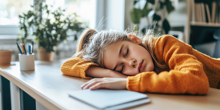 Close-up of a schoolchild sleeping in a lesson sitting at a desk. Tiredness, fatigue of adolescents, lack of sleep and vitamins