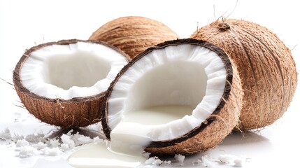 A close-up of coconut halves with milk spilling out, isolated on a white background, focusing on its natural freshness.