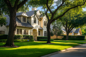 A beautiful home in the city of Dallas, Texas, with lush green grass and large trees in the front yard. The house has three stories and is located on an upscale street with other high-end homes nearby