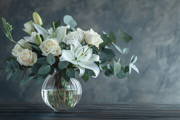 Bukiet białych r&oacute;ż i lilii w przezroczystym, szklanym wazonie, stojący na ciemnym tle.