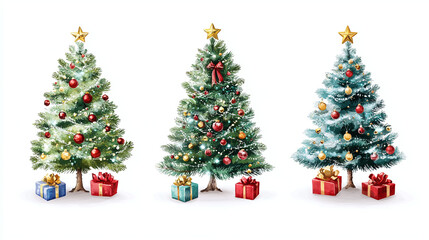 Naklejka premium Collection of Christmas trees with gift boxes , isolated on white background, new year concept.