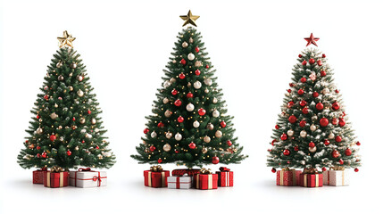 Fototapeta premium Collection of Christmas trees with gift boxes , isolated on white background, new year concept.