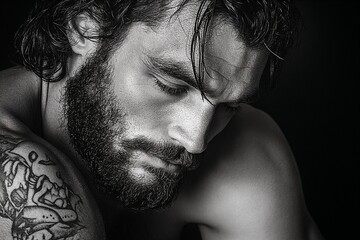 Muscular man with a beard and tattoo in a thoughtful pose, captured in black and white