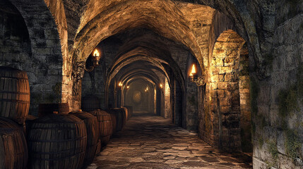 Fototapeta premium Dark Stone Cellar with Wooden Barrels and Lanterns