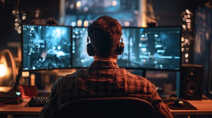 A video game developer testing gameplay, intense focus and high-tech setup