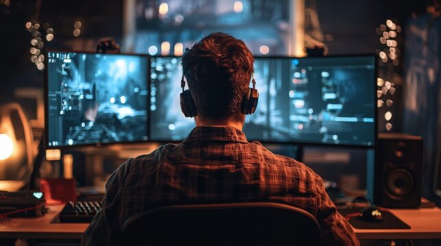 A video game developer testing gameplay, intense focus and high-tech setup