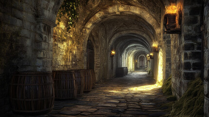 Stone Archway Corridor with Sunlight and Barrels