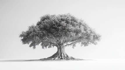 Fototapeta premium A large tree with deep roots and a dense, lush canopy, framed against a minimalist white background to focus on its grand stature.