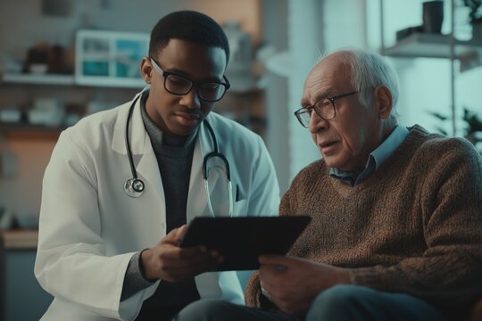 Young doctor explains treatment options to an older patient in a modern medical office using a digital tablet during an informative consultation