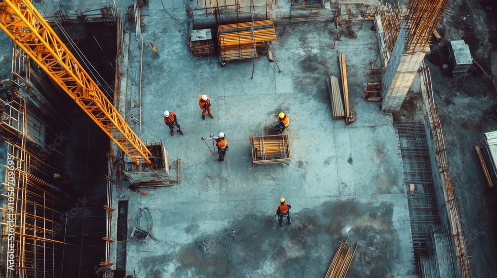 Poster aerial view of construction site with workers collaborating on project development