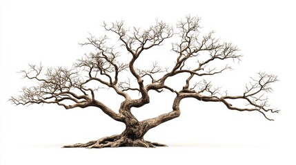 Fototapeta premium A massive tree with twisted branches, devoid of leaves, set against a white background. The detailed bark and limbs create a stark contrast.