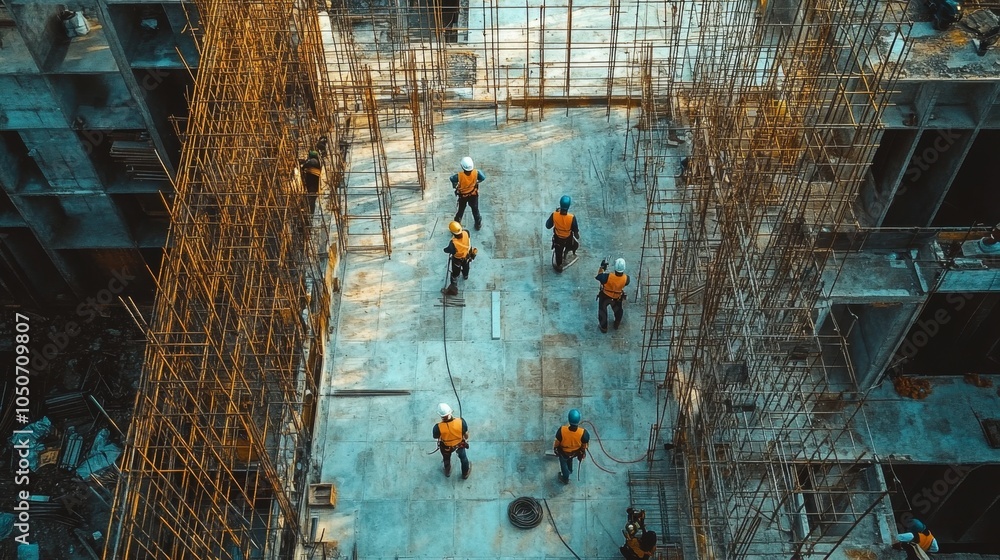 Poster construction workers collaborating on a large urban building site surrounded by scaffolding and fram
