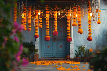 Traditional Indian home adorned with marigold flowers and lanter