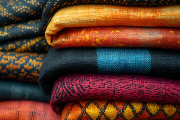 A close-up view of a colorful stack of textured fabrics, showcasing various patterns and vibrant hues.