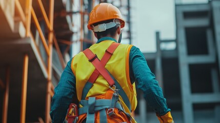 Construction worker overseeing site progress with safety gear in urban environment