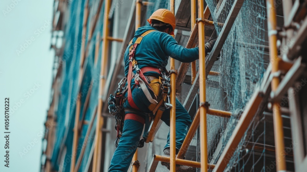 Poster a construction worker scaling a scaffold in an urban setting for building maintenance and safety com