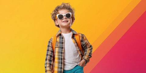 Kids fashion sale banner featuring a smiling boy in trendy sunglasses and stylish outfit, perfect for promoting affordable children's clothing