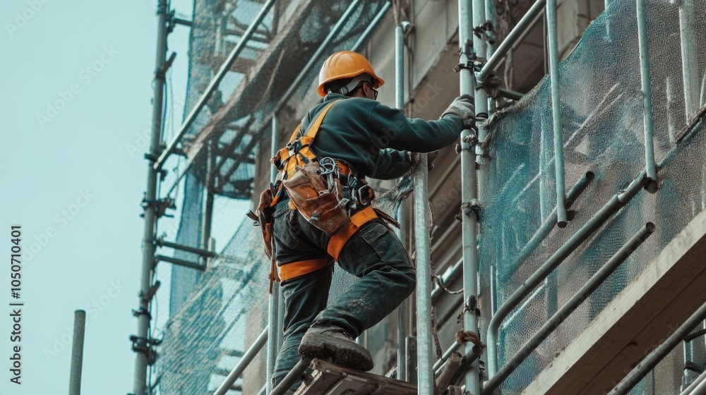Poster a skilled worker navigates construction scaffolding with precision and safety gear on a building sit