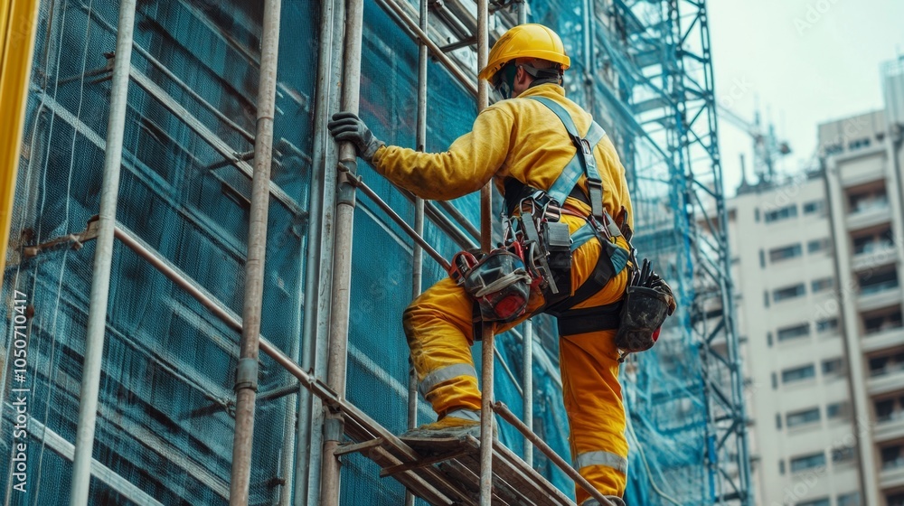 Poster construction worker scaling scaffold in urban environment a snapshot of modern industry practices an
