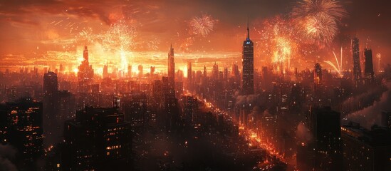 A cityscape illuminated by a fiery display of fireworks.