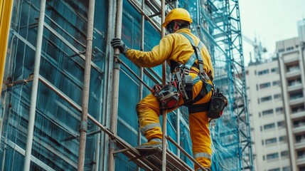Construction worker scaling scaffold in urban environment a snapshot of modern industry practices and safety measures