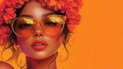 Fototapeta premium Striking Modern Pop Art Portrait of Stylish Woman in Golden Sunglasses with Floral Headpiece on Bright Orange Background, Generative AI