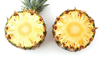 A pineapple cut in half, revealing its rich interior, placed on a white background for a clean, minimalist presentation.