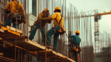 Construction workers collaborating on a building site with scaffolding and steel reinforcement bars
