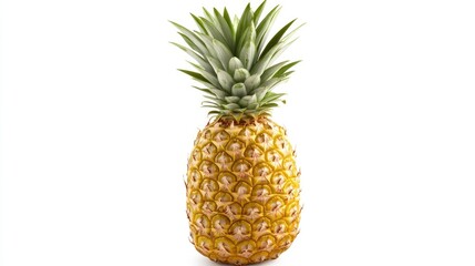 Fototapeta premium A ripe, golden pineapple standing upright against a white background, its spiky green leaves providing a vibrant contrast. Perfect for tropical designs.