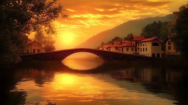 A tranquil riverside village at sunset, with houses reflecting on the calm water, and a stone bridge arching over the river under a warm, glowing sky